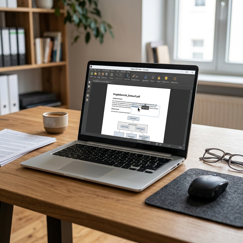 Laptop zeigt Projektbericht, daneben liegt eine Kaffeetasse.
