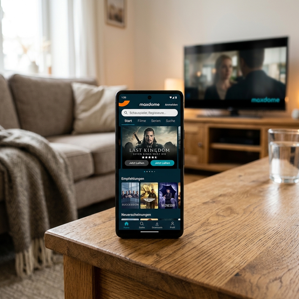 Ein Smartphone zeigt die maxdome App mit Filmen und Serien.
