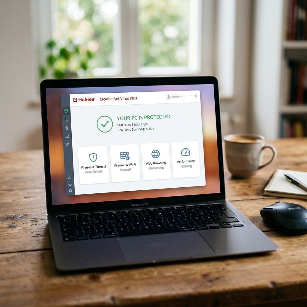 Screenshot von McAfee Antivirus auf einem Laptop mit Kaffetasse im Hintergrund