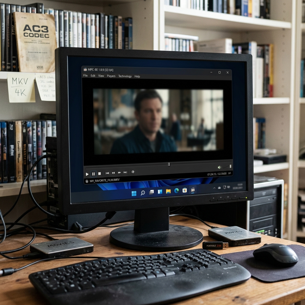 Monitor zeigt Film, umgeben von DVDs und Hardware