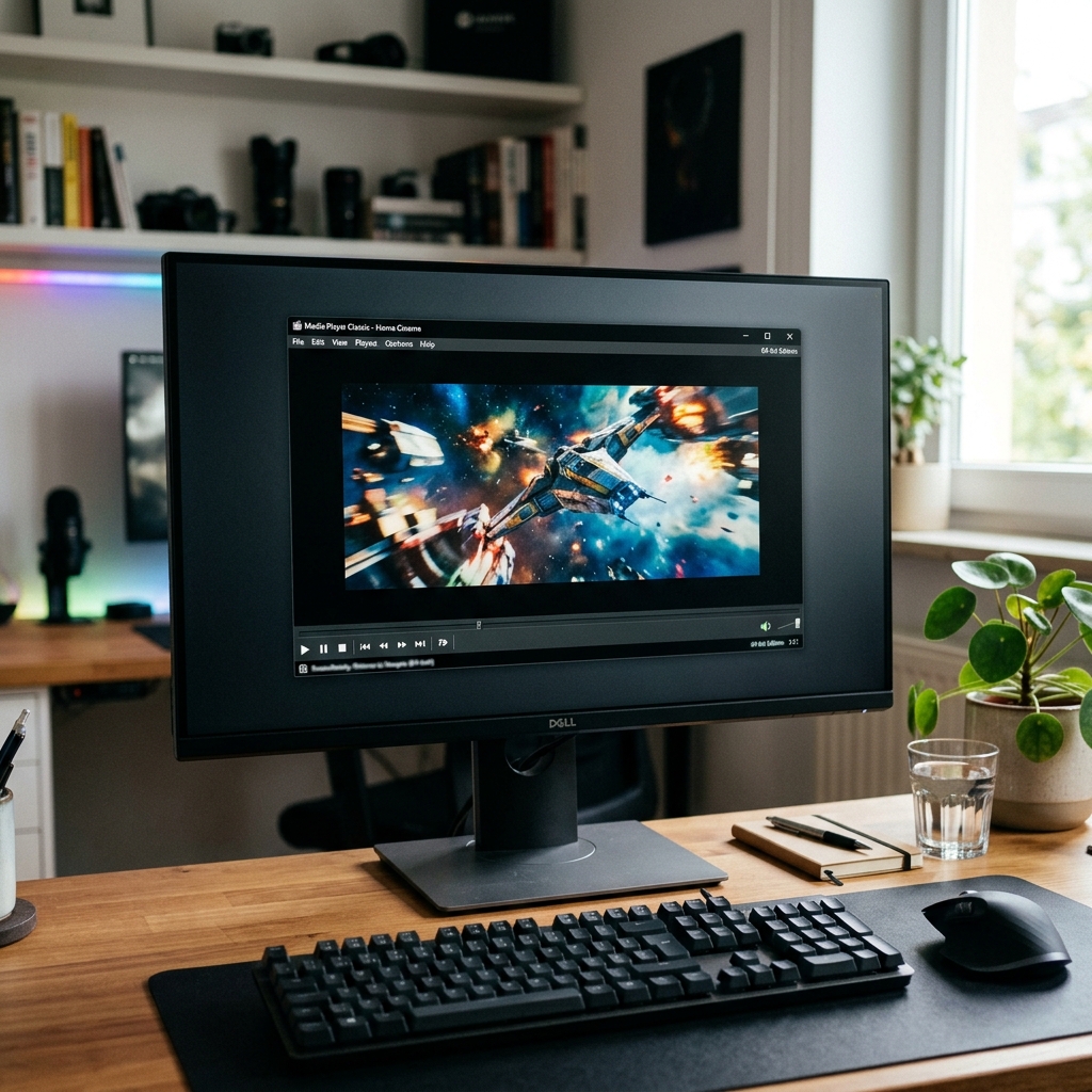 Ein Desktop-Setup mit Monitor, Tastatur und Pflanzen im Hintergrund
