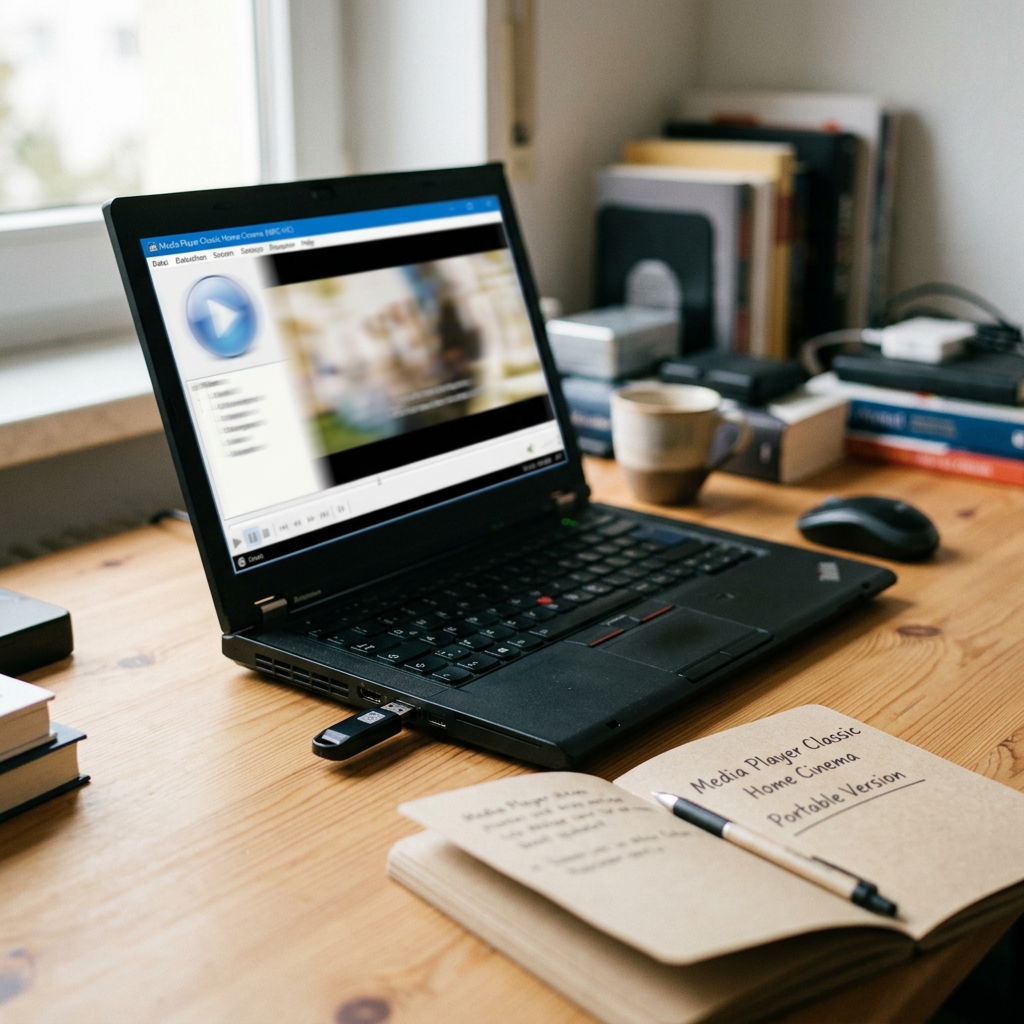 Laptop mit Mediaplayer und Notizbuch auf einem Tisch