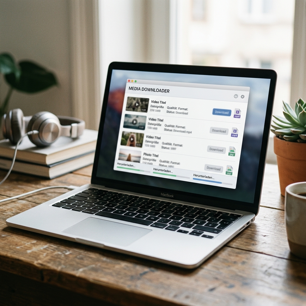 Laptop zeigt Media Downloader mit Download-Statusanzeigen