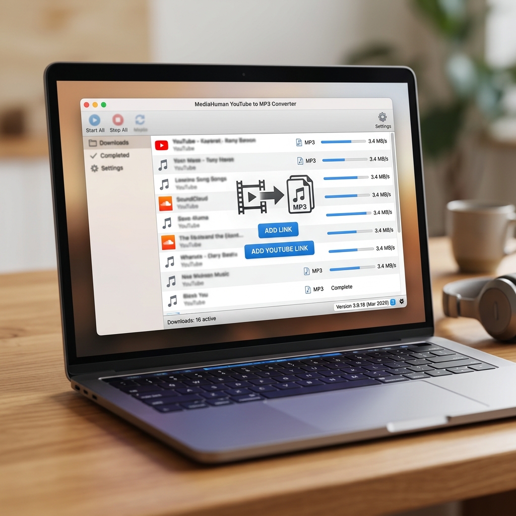 Laptop displaying MediaHuman YouTube to MP3 Converter interface