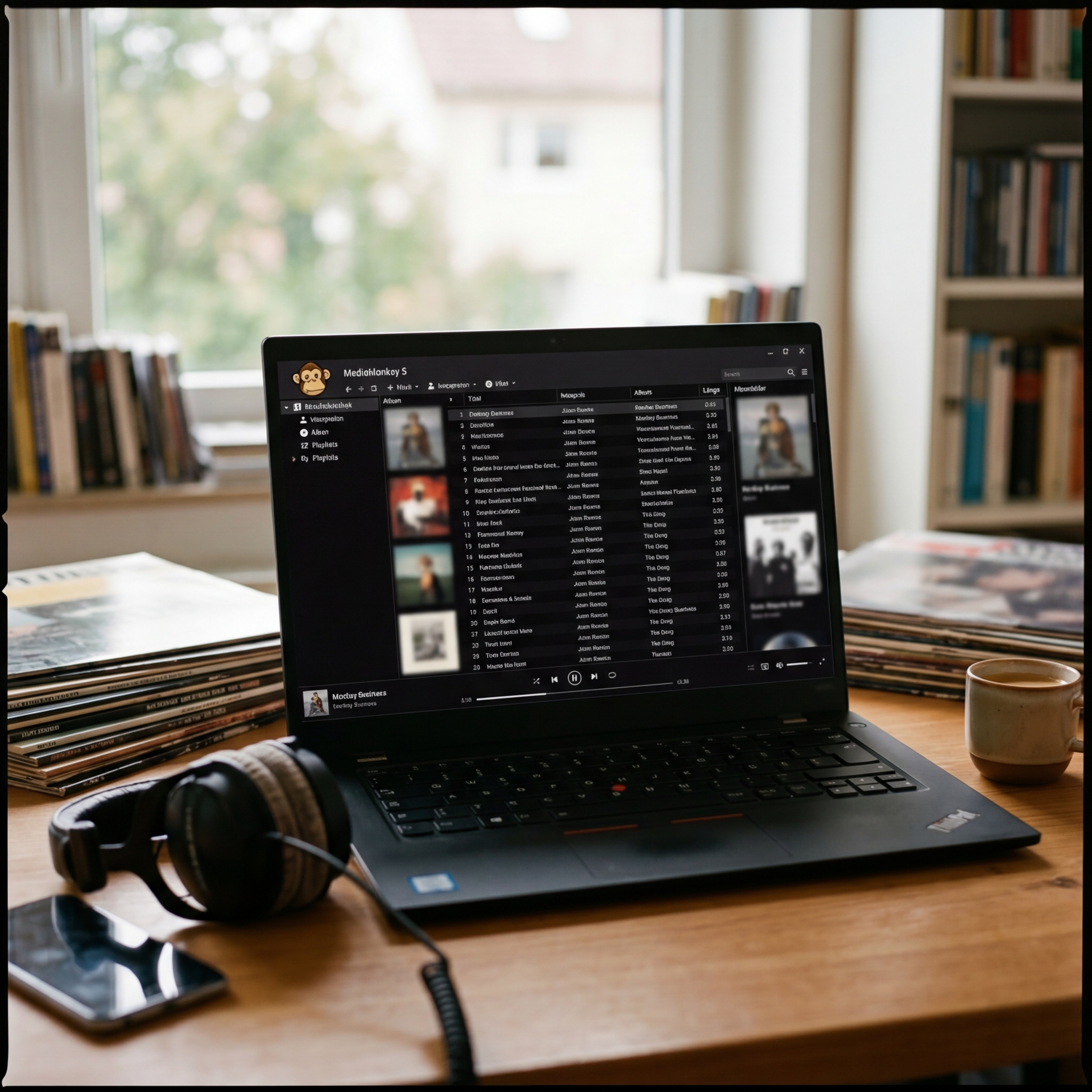 Laptop mit Musikwiedergabe-Software und Kopfhörern auf einem Holztisch