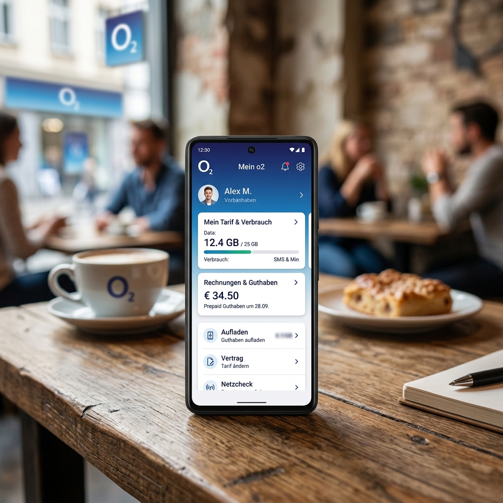 Smartphone mit O2 App und Tasse Kaffee auf einem Tisch