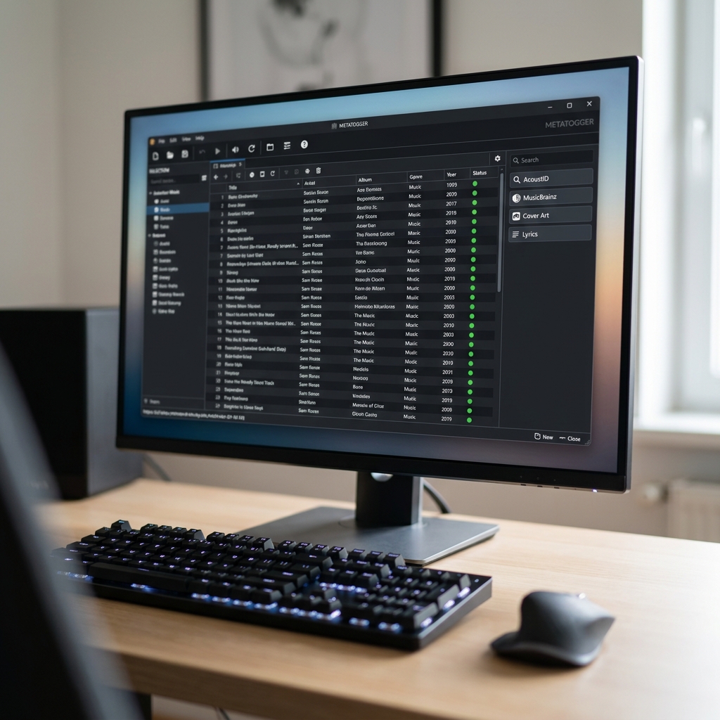 Monitor mit Musikdatenbank-Software und Tastatur auf einem Schreibtisch