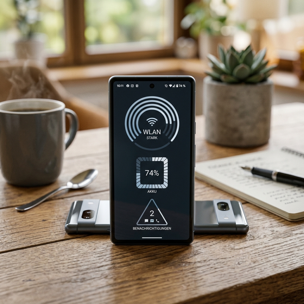 Smartphone zeigt WLAN- und Akku-Status auf einem Tisch.