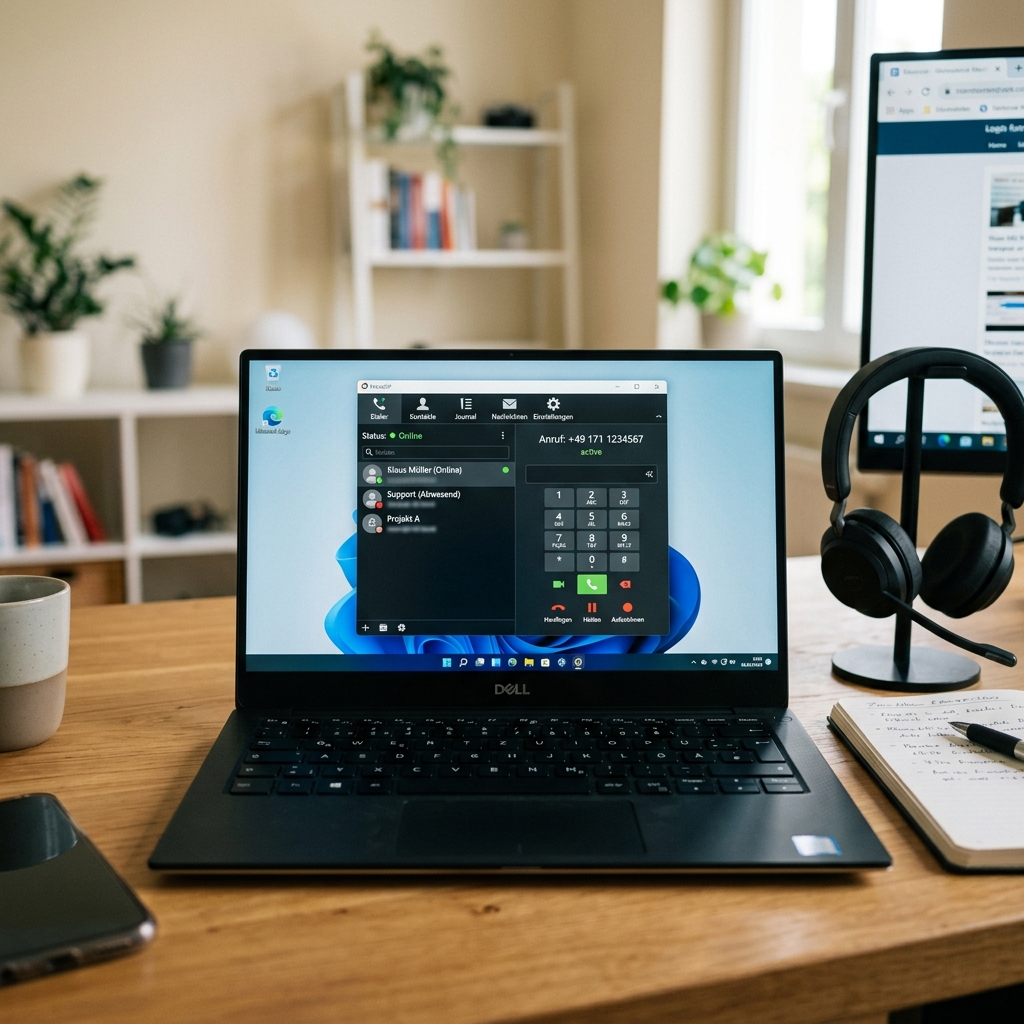 Laptop mit Bildschirm und Headset auf einem Schreibtisch