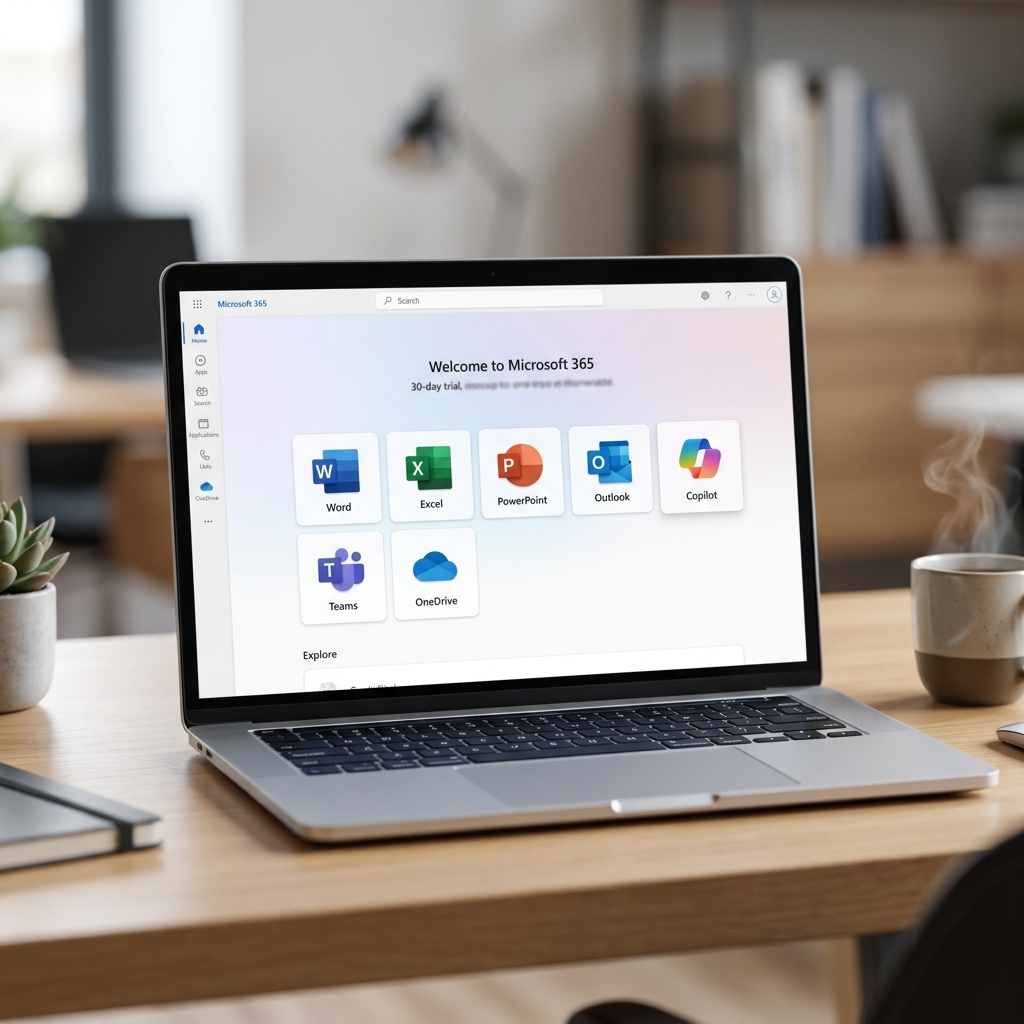 Laptop mit Microsoft 365 Benutzeroberfläche auf einem Holztisch