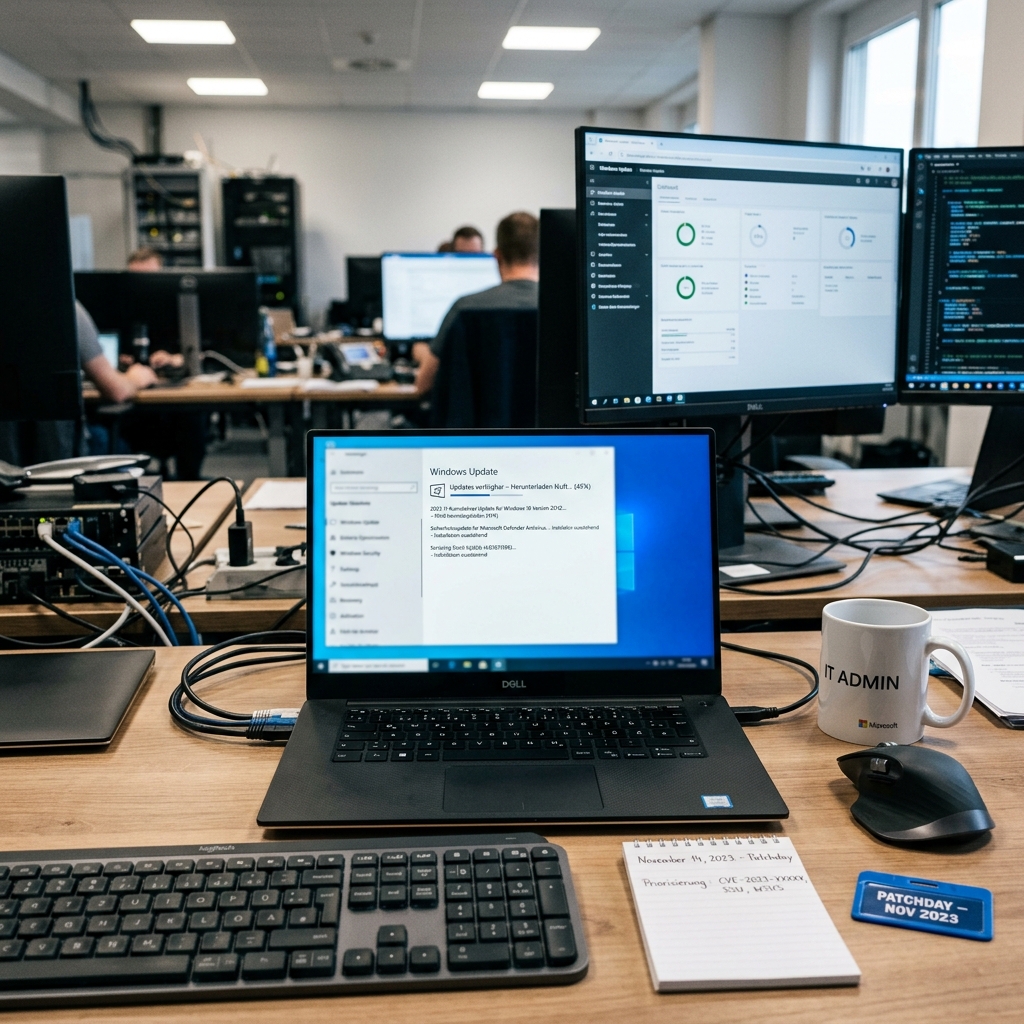Büro mit Laptop, mehreren Monitoren und Notizen auf dem Tisch