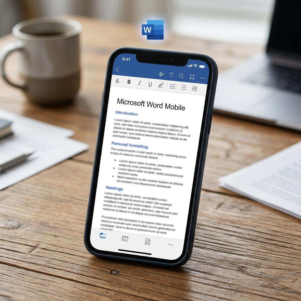 Smartphone zeigt Microsoft Word Mobile-Dokument auf einem Tisch