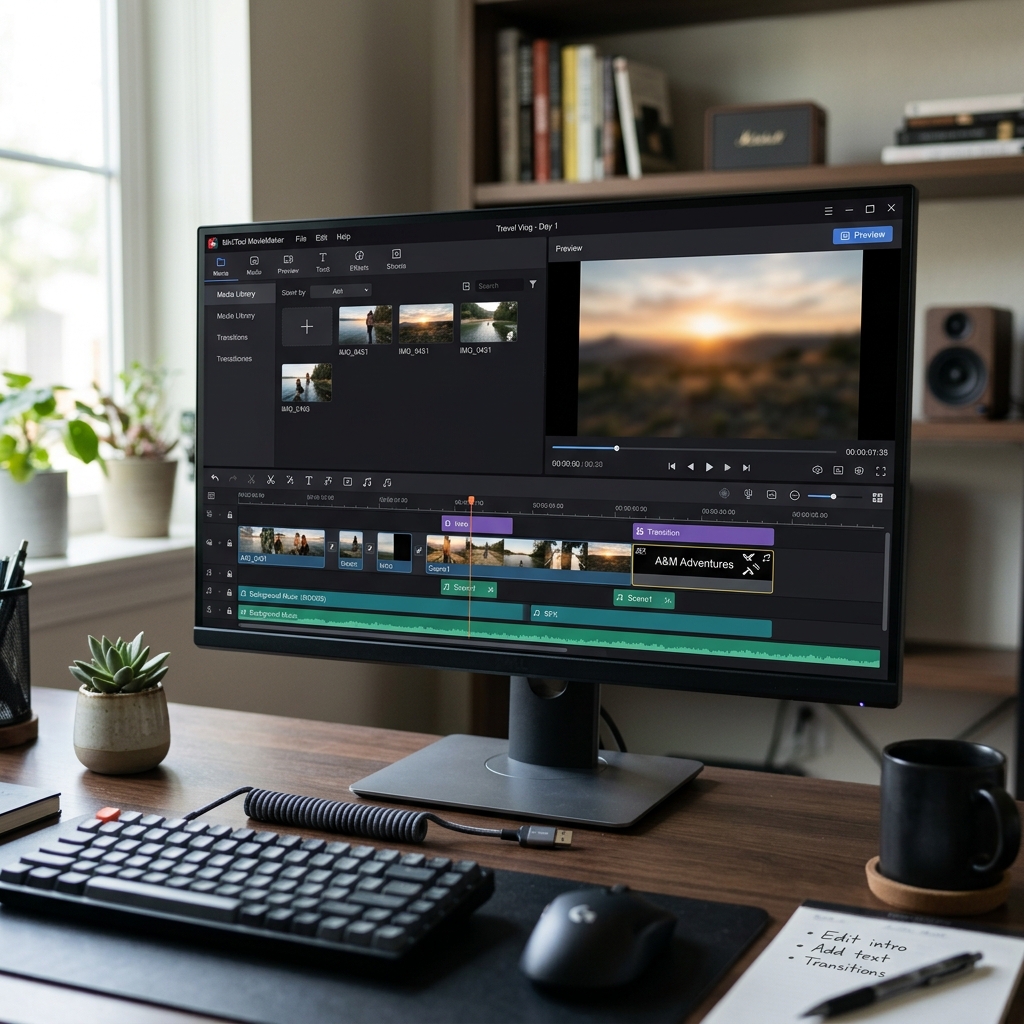 Bildschirm zeigt Videoschnittsoftware mit Timeline und Medienbibliothek