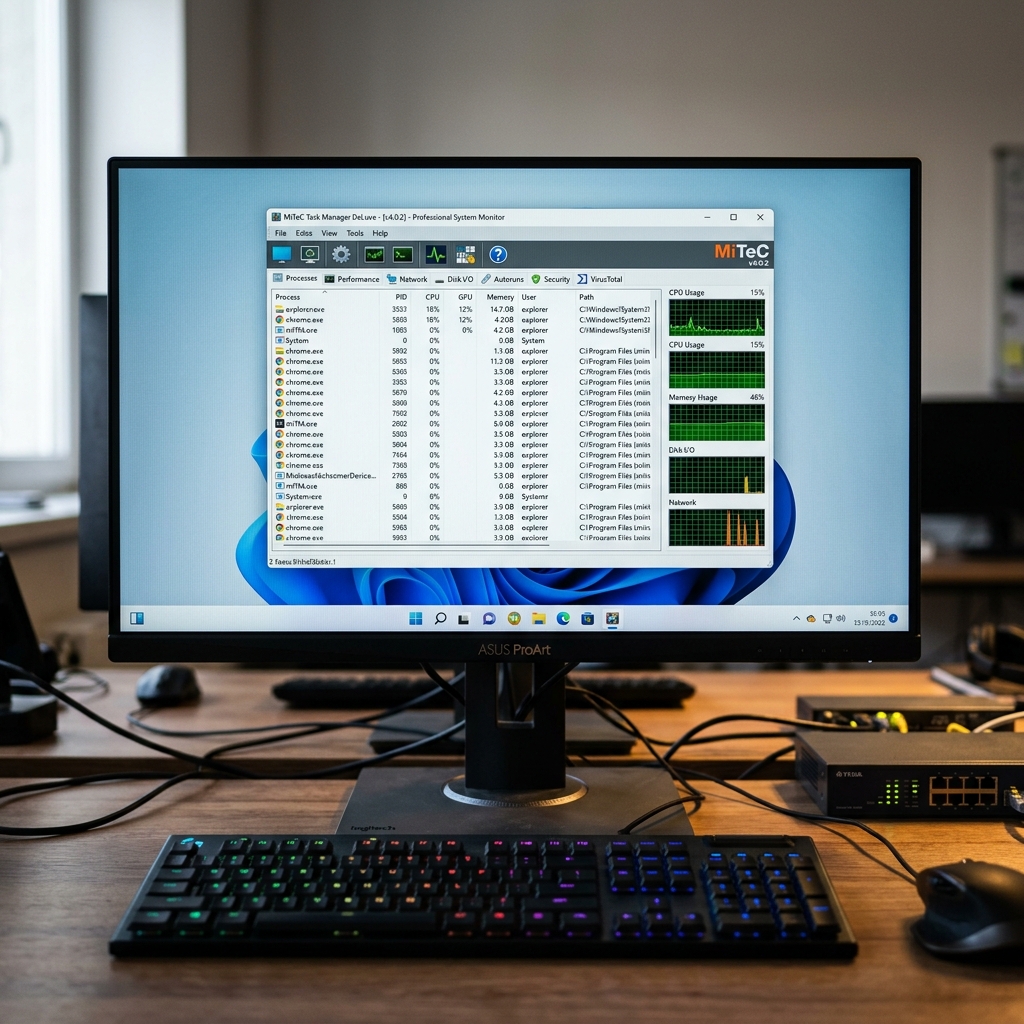 Ein Monitor zeigt den Task-Manager und eine aufgeräumte Tastatur.