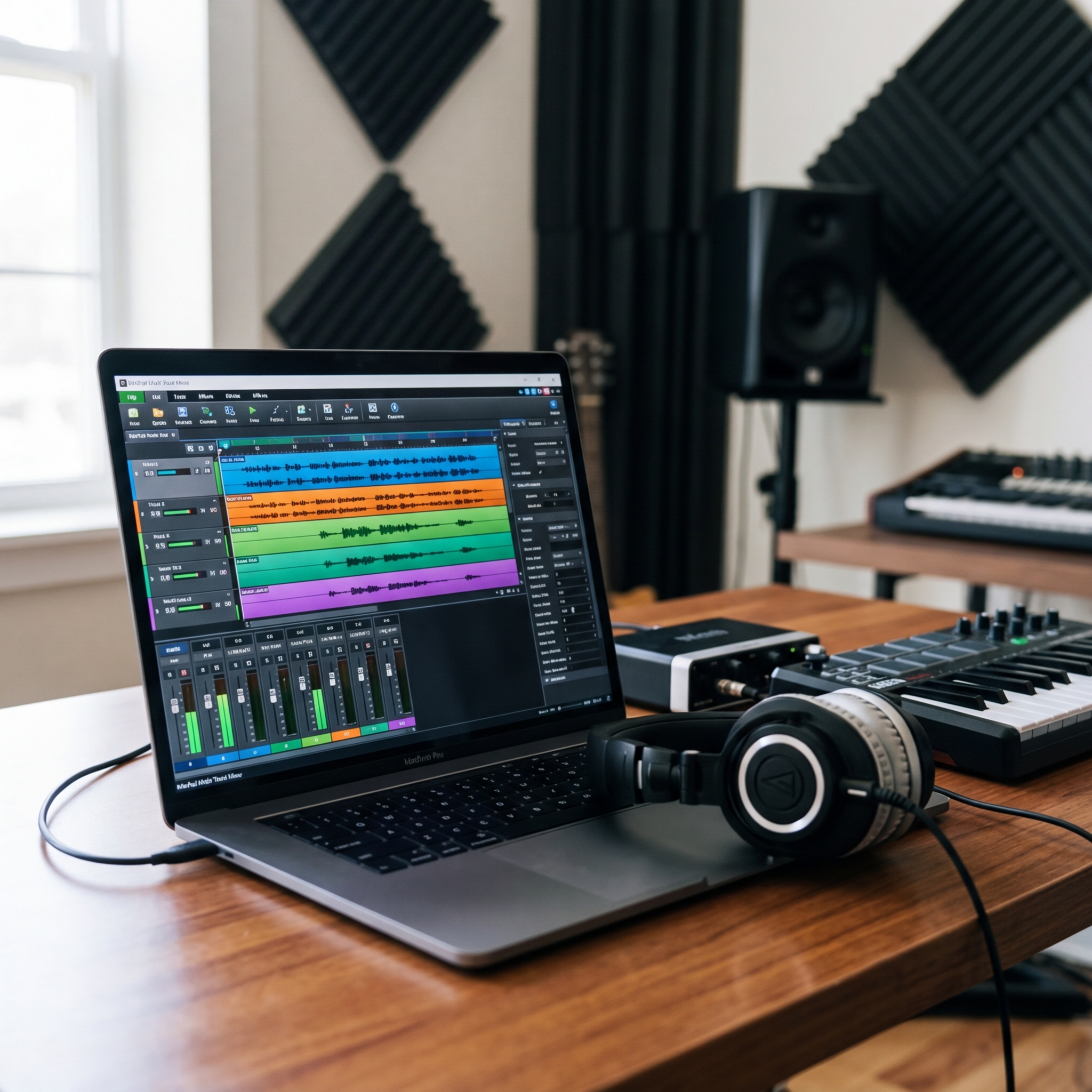 Laptop mit Musiksoftware und Kopfhörer auf einem Tisch im Musikstudio
