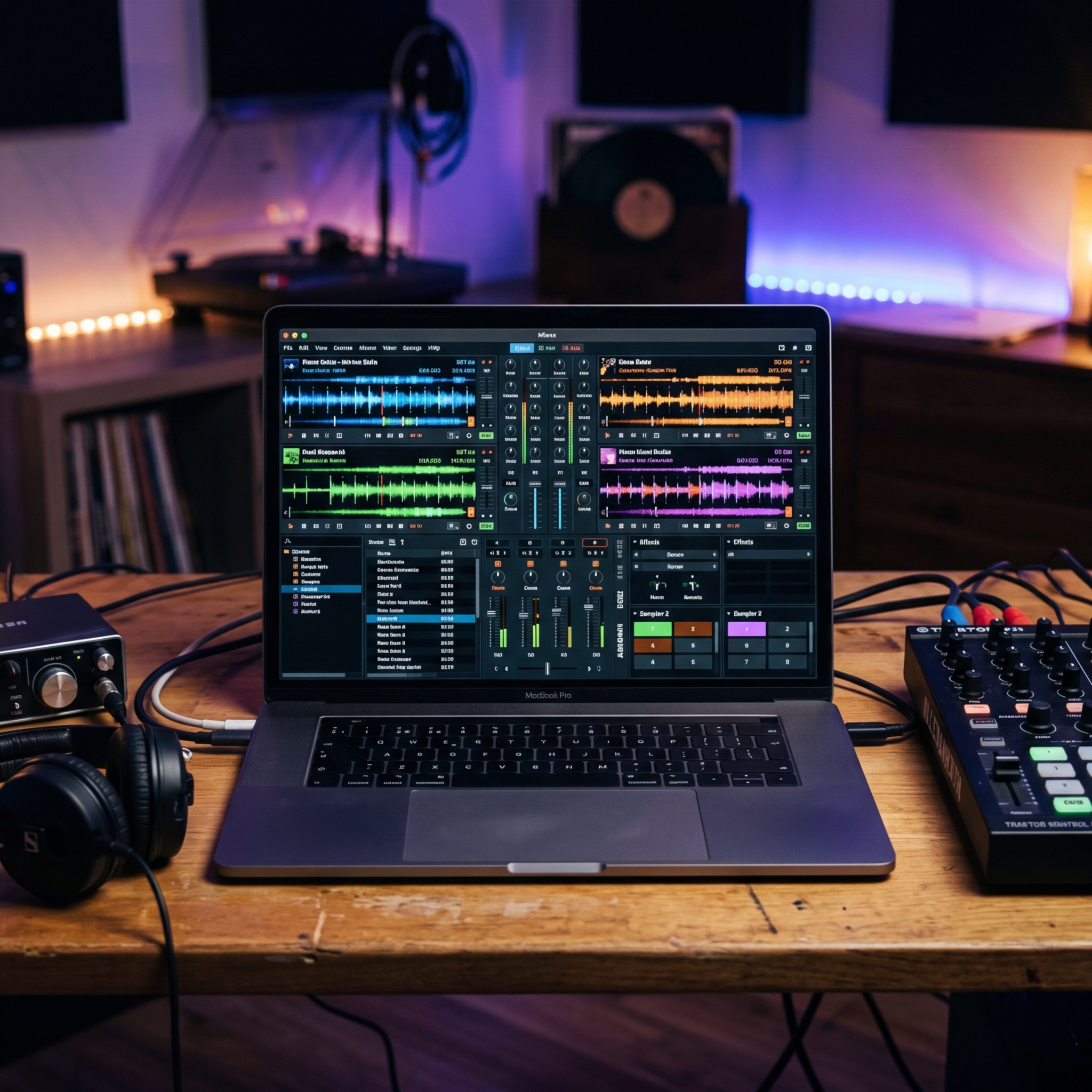 Laptop mit Musiksoftware und Audio-Geräten auf einem Tisch
