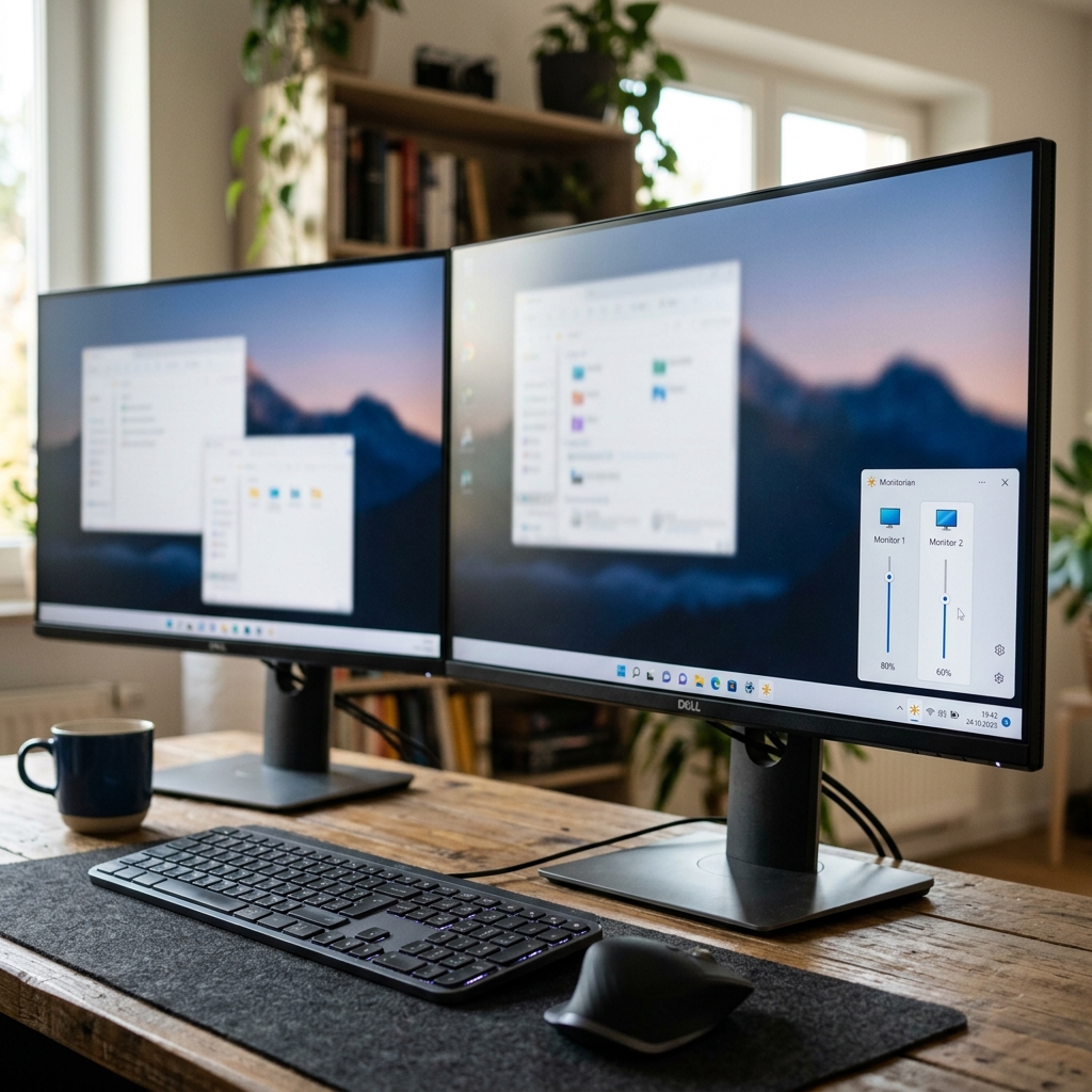 Zwei Monitore, Tastatur und Maus auf einem Schreibtisch