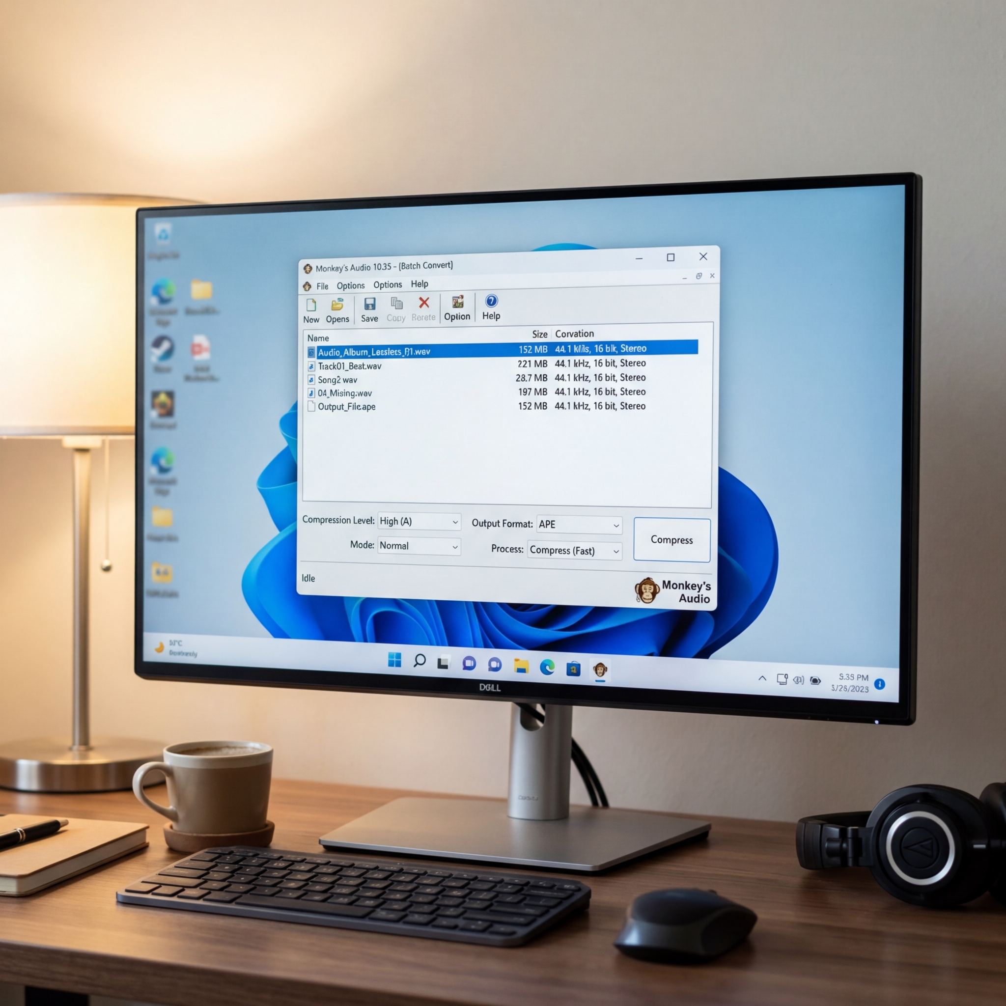 Bildschirm mit Audio-Konvertierungssoftware und Büro-Equipment