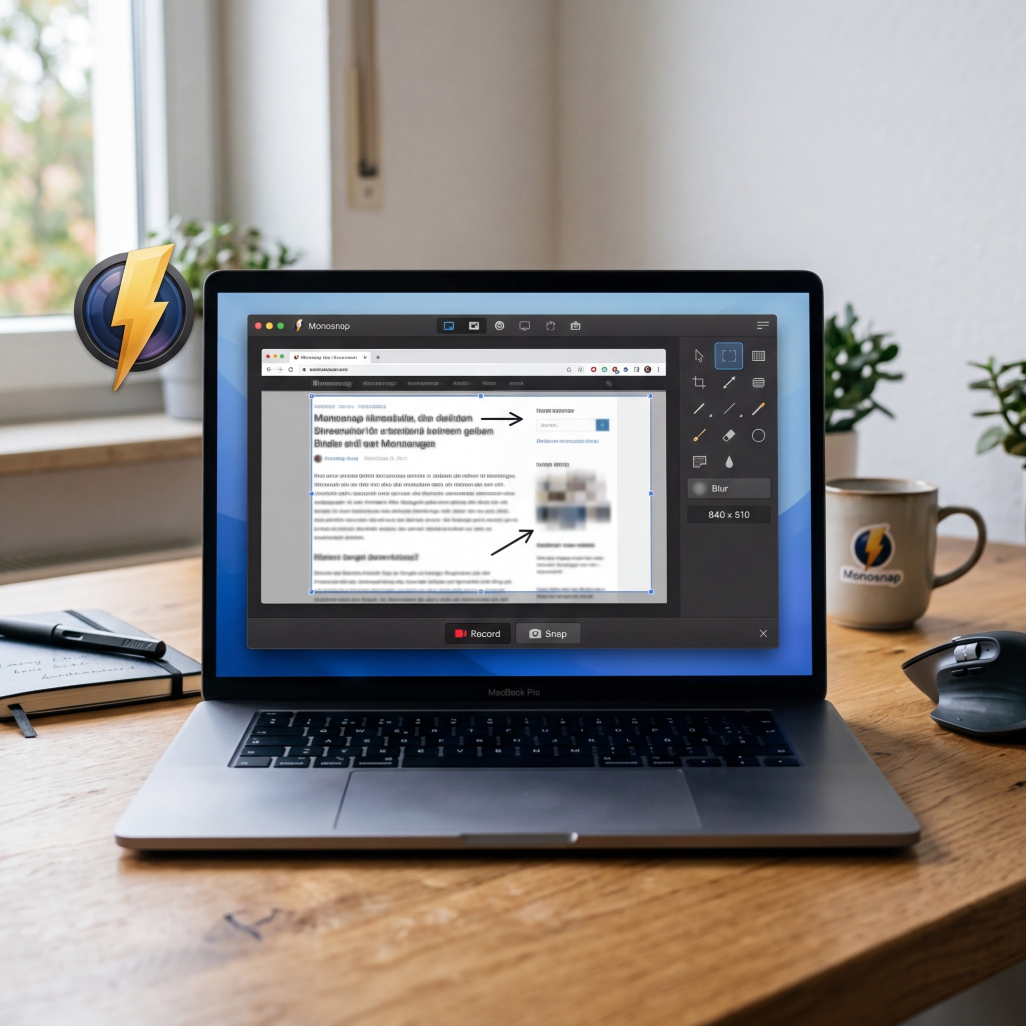 Laptop zeigt Screenshot von Monosnap mit Text und Markierungen