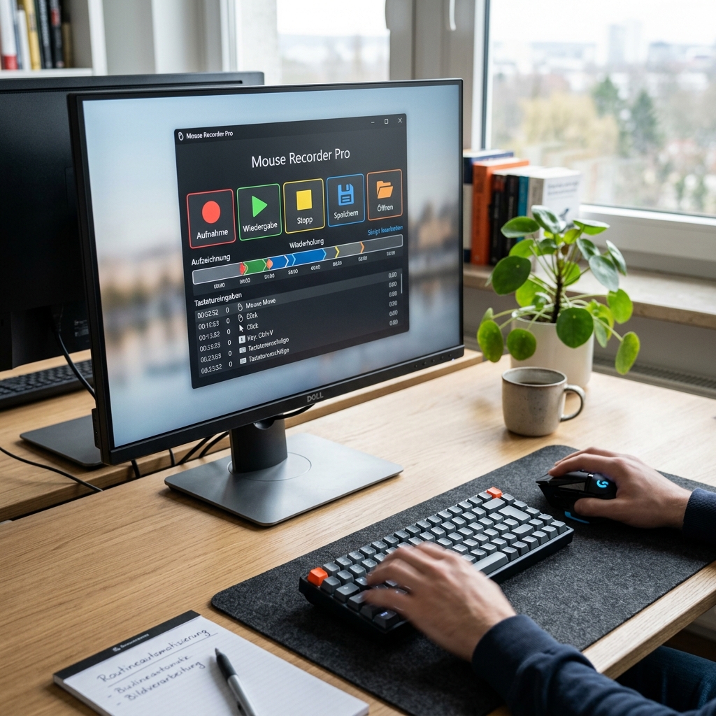 Bildschirm zeigt Mouse Recorder Pro Software auf einem Schreibtisch