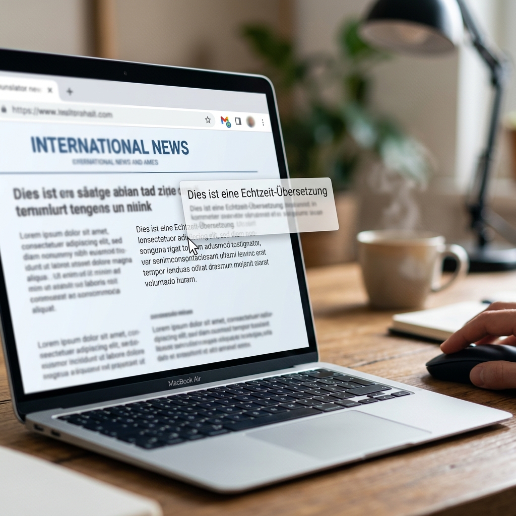 MacBook Air zeigt internationale Nachrichten auf dem Bildschirm mit einer Echtzeitübersetzung.