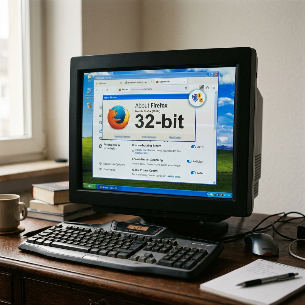 Ein Computer mit Firefox-Bildschirm und Tastatur auf einem Tisch.
