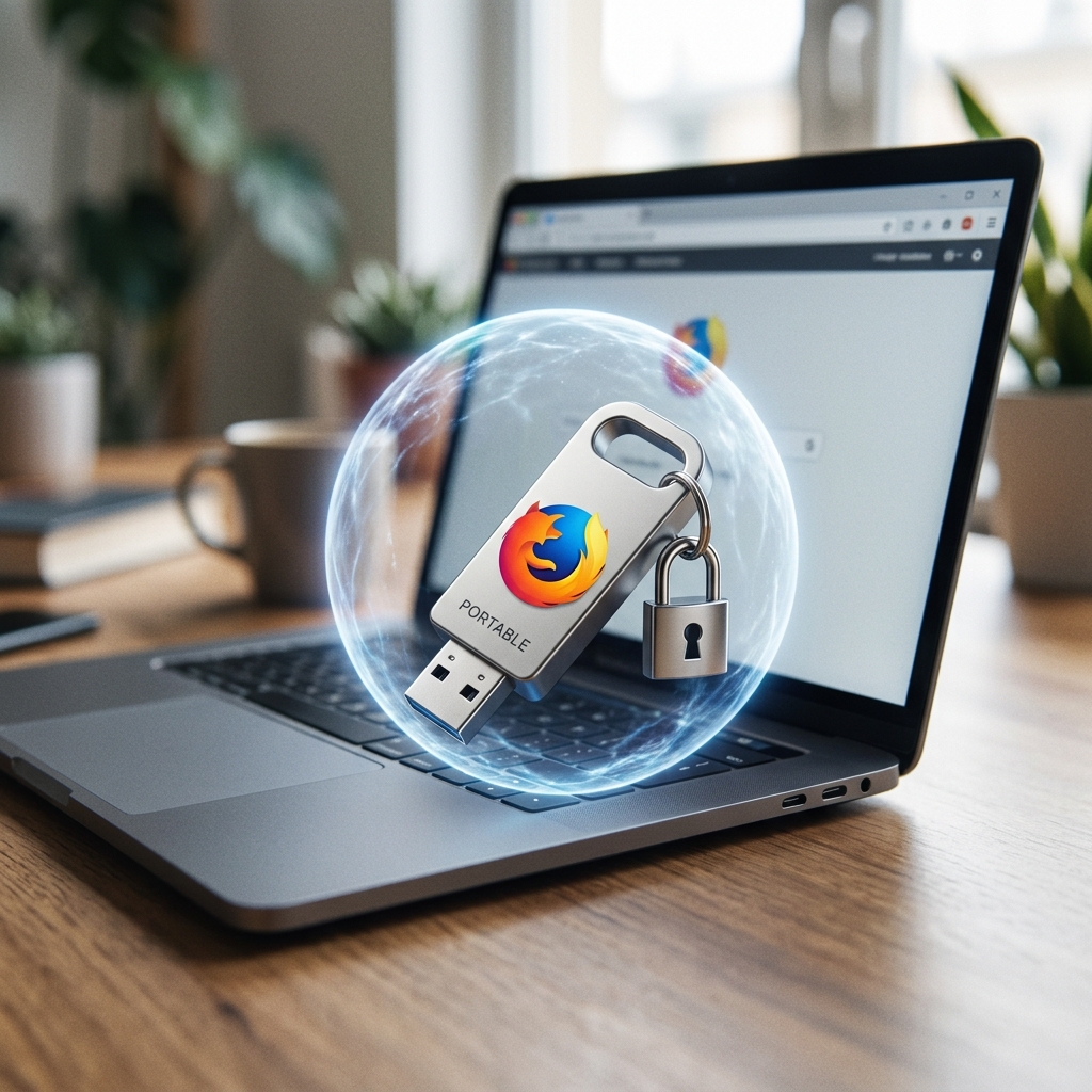 USB-Stick mit Firefox-Logo, umgeben von einer Sicherheitsgrafik auf einem Laptop.