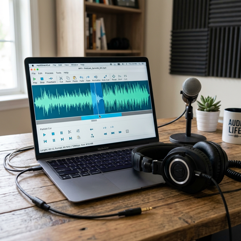 Laptop mit Audio-Editing Software, Mikrofon und Kopfhörern auf einem Tisch