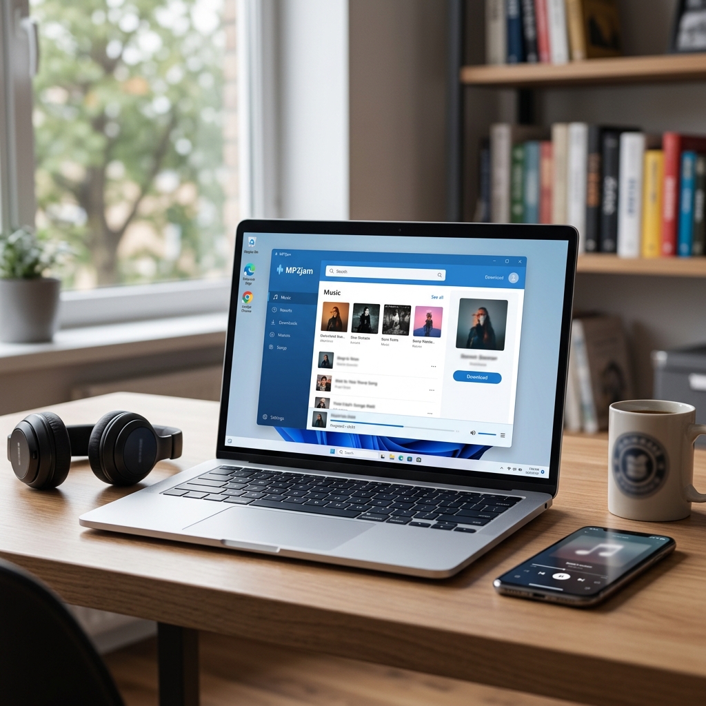 Laptop mit Musikprogramm, Smartphone und Kopfhörern auf einem Tisch