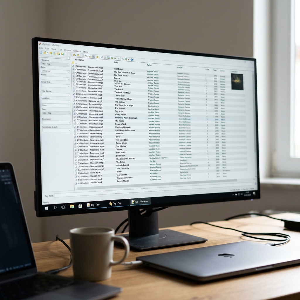 Screenshot einer Musikverwaltungssoftware auf einem Monitor