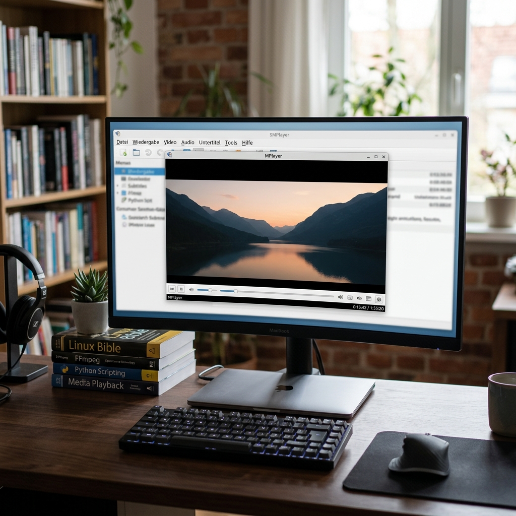 Ein Monitor zeigt eine Landschaft in einem Multimedia-Player an.