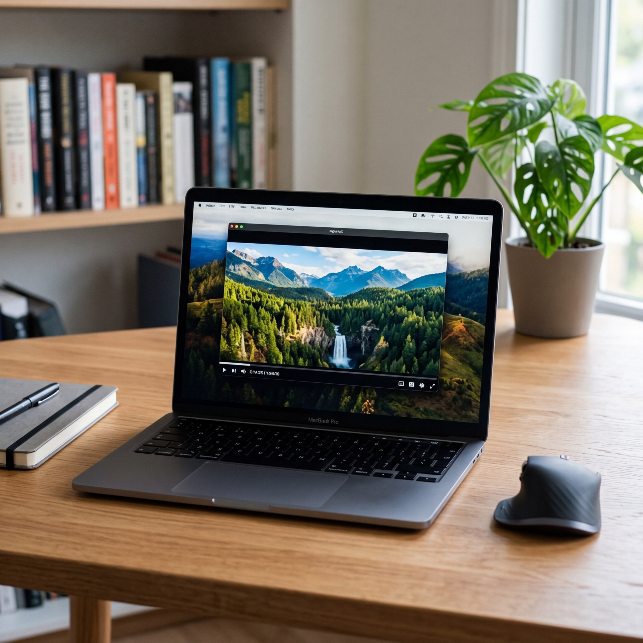 Laptop auf einem Holzschreibtisch mit Pflanzen und Bücherregal im Hintergrund