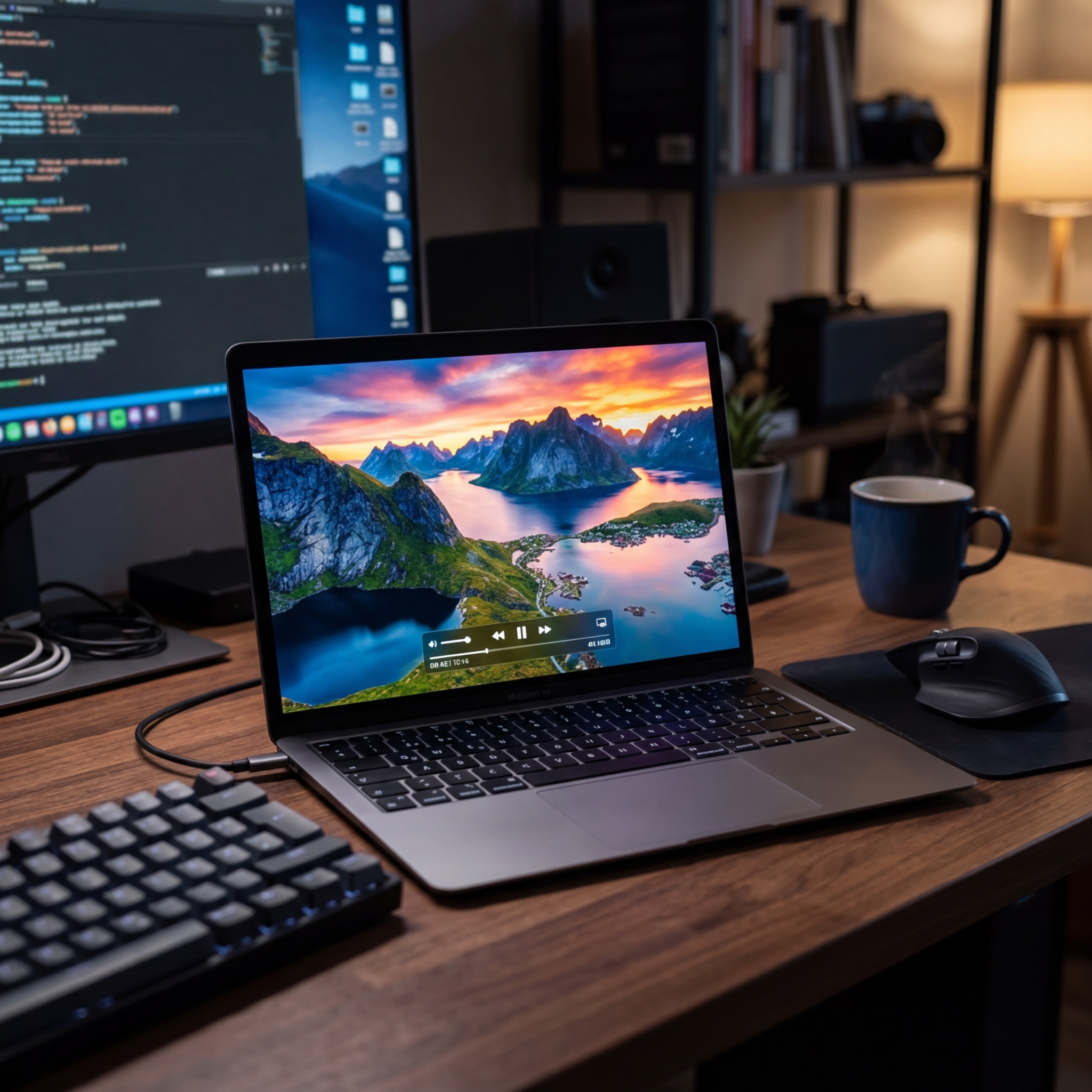 Laptop mit Landschaftsbild auf dem Bildschirm auf einem Holzschreibtisch