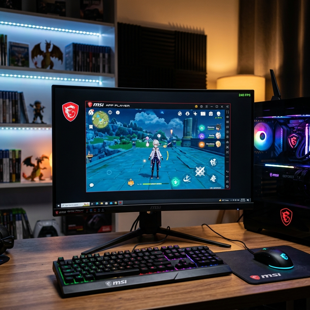 MSI gaming monitor displaying a game interface with a keyboard and mouse
