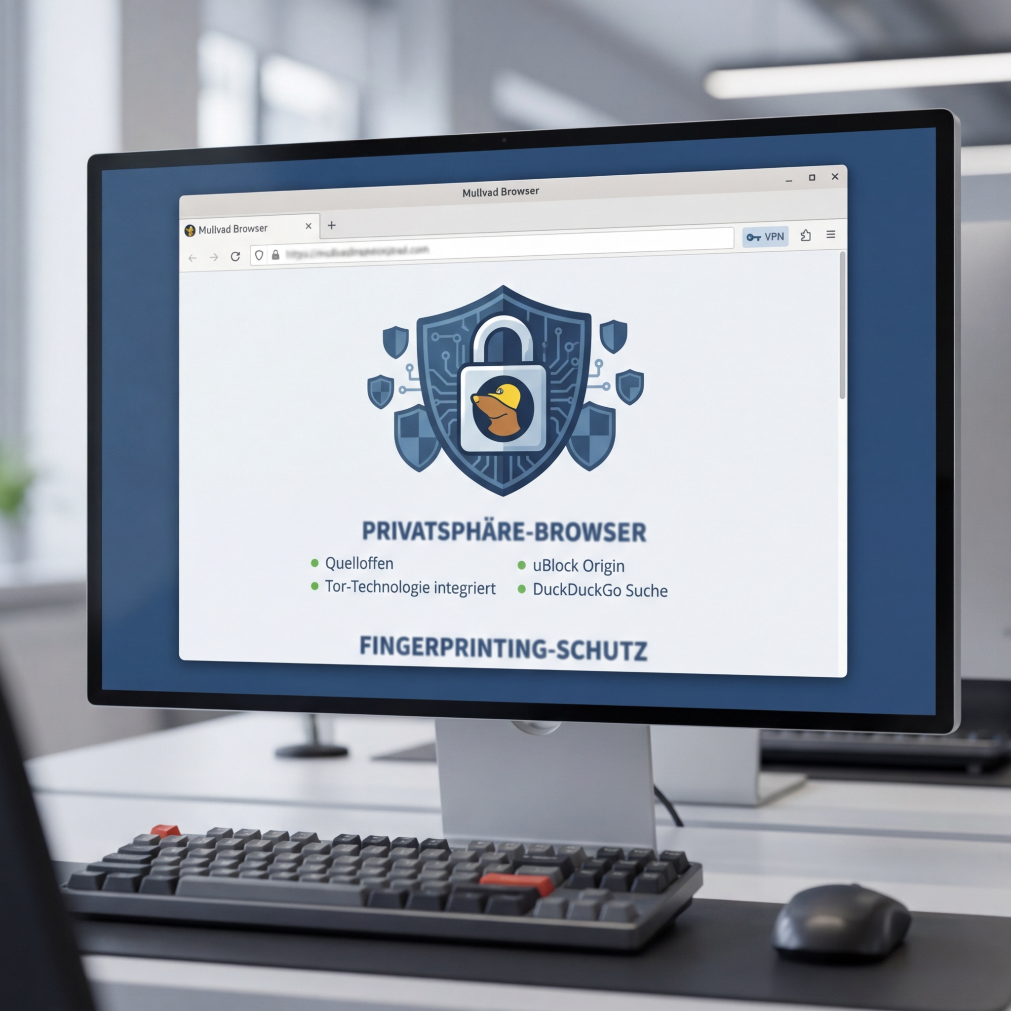 Screenshot des Mullvad Browsers mit Datenschutzfunktionen