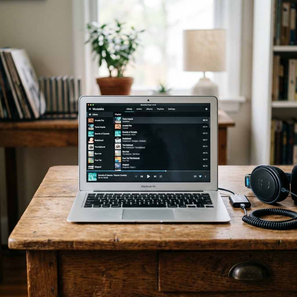 Ein Laptop zeigt einen Musikplayer auf einem Holztisch mit Kopfhörern daneben.