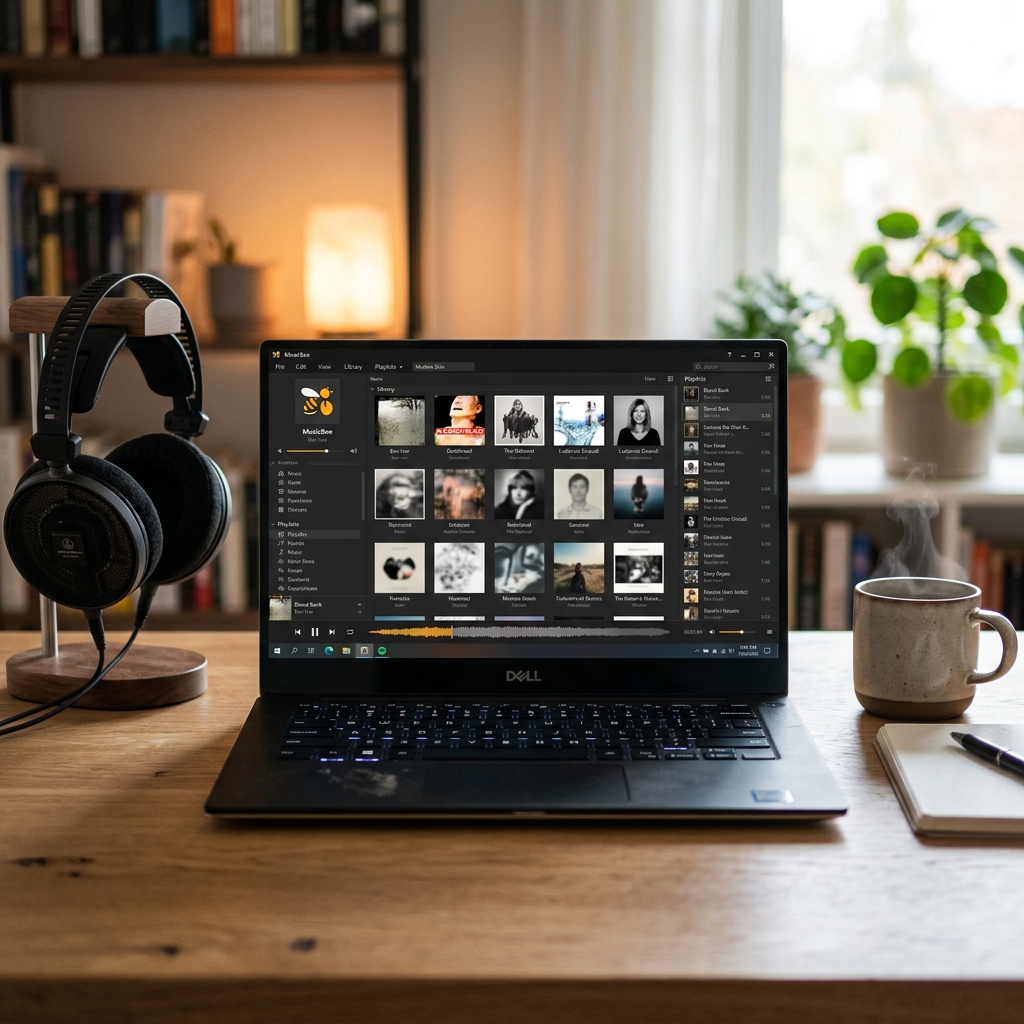 Laptop mit Musik-Streaming-App und Kopfhörern auf einem Holztisch