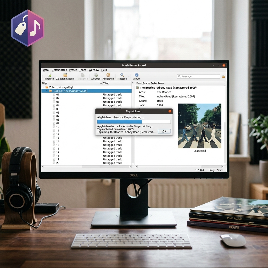 Screenshot der MusikBearbeitungssoftware MusicBrainz Picard auf einem Computerbildschirm