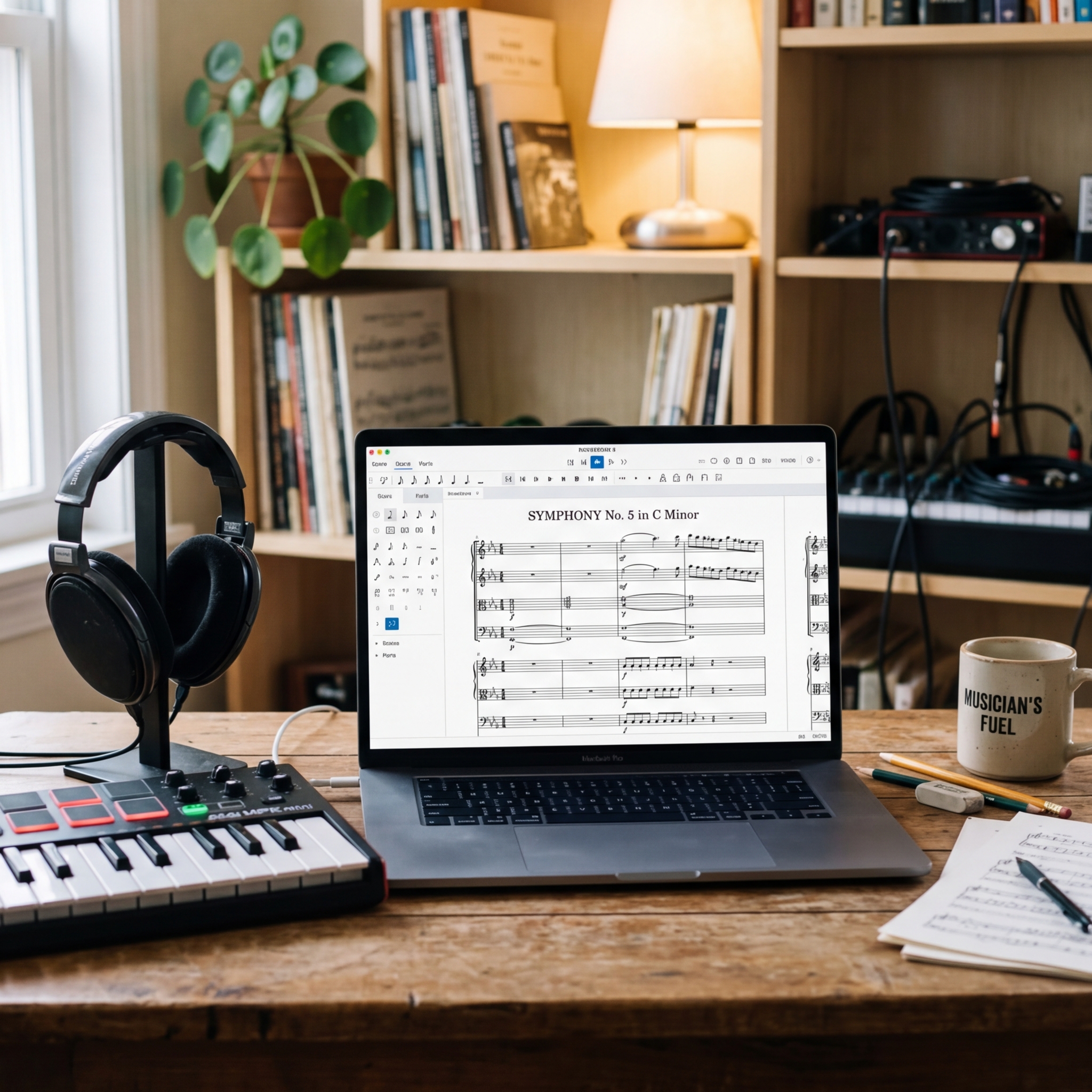 Laptop mit Partitur, Midi-Controller und Kopfhörern auf einem Schreibtisch