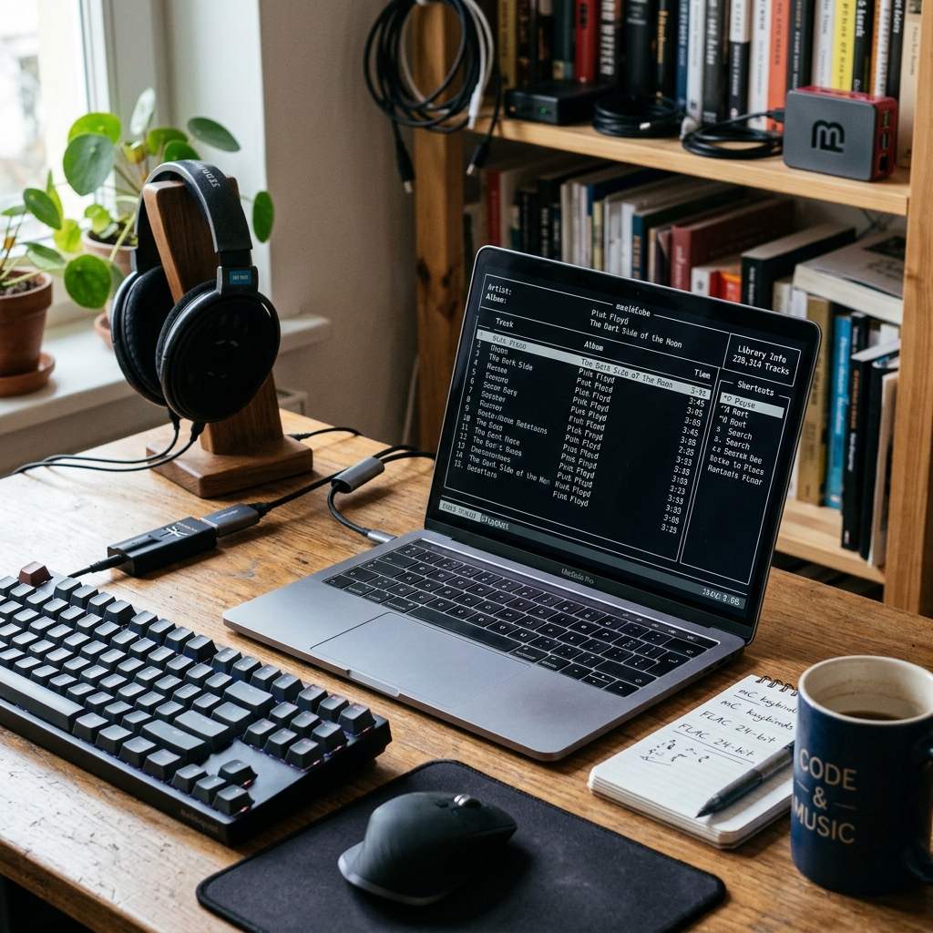 Schreibtisch mit Laptop, Kopfhörern und Kaffeetasse