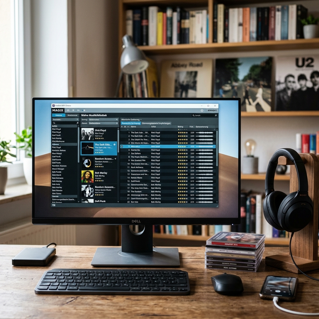 Computerbildschirm zeigt Musikbibliothek, daneben Kopfhörer und mehrere CDs