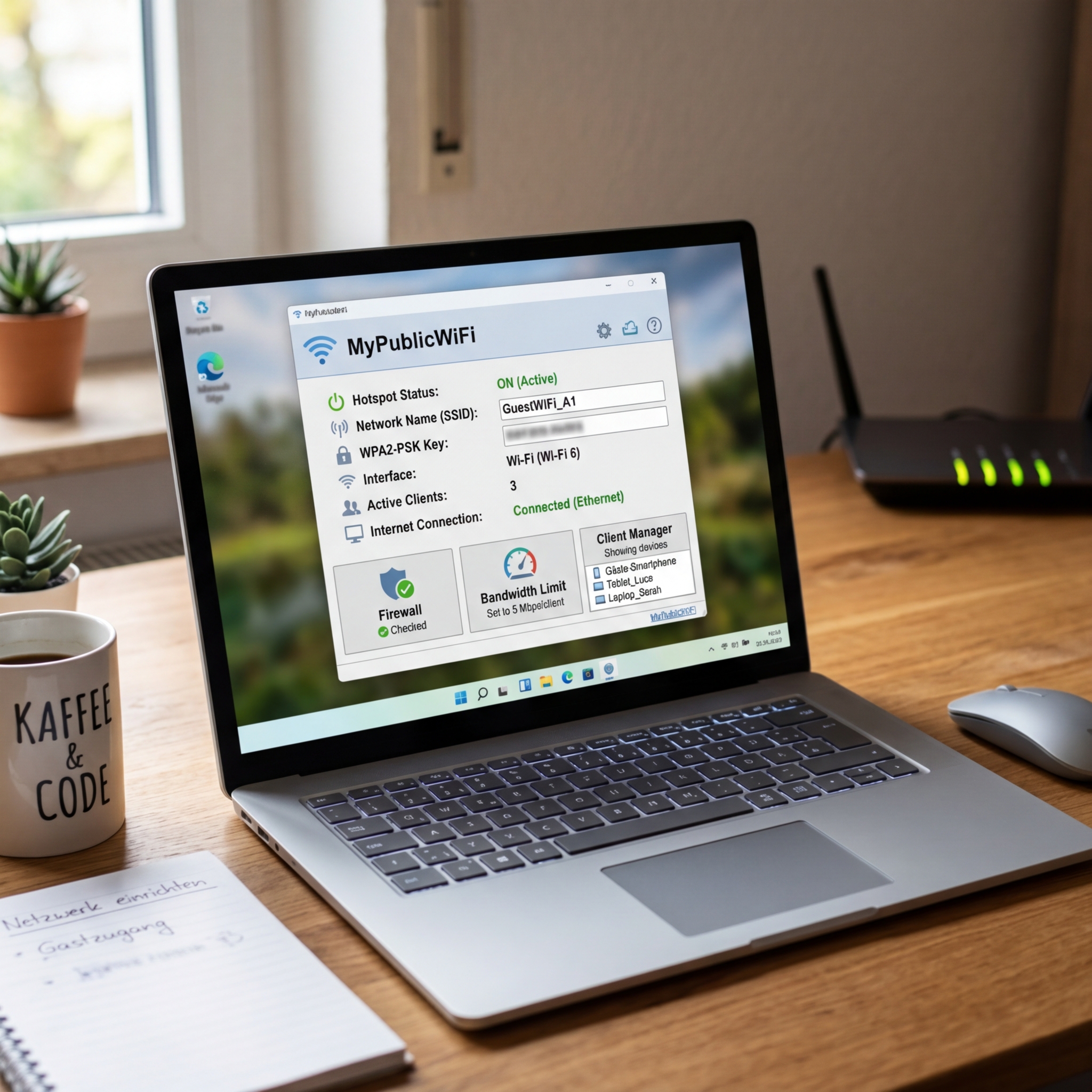 Laptop zeigt MyPublicWiFi Benutzeroberfläche
