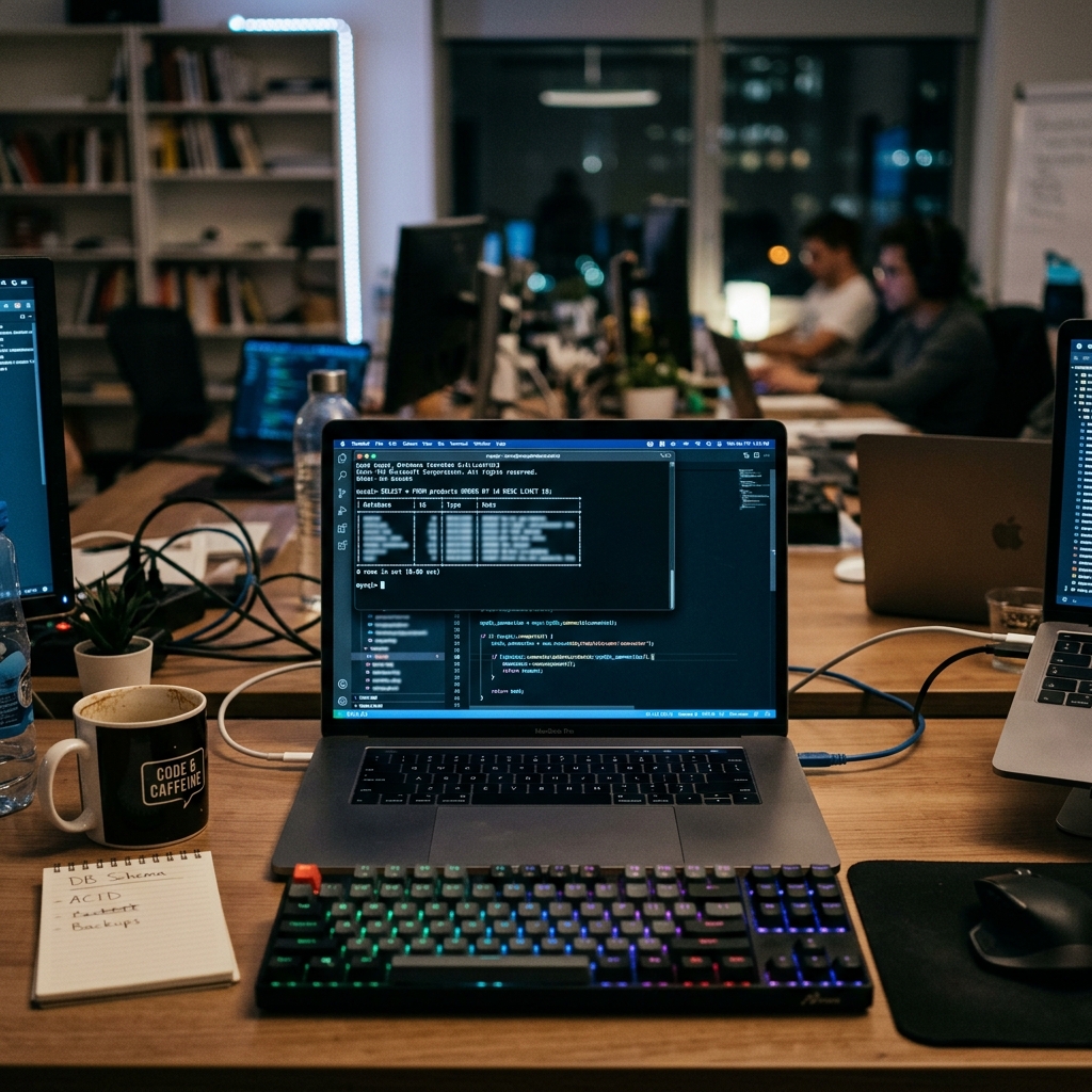 Tisch mit Laptops, Tastatur, Kaffeetasse und Arbeitsunterlagen
