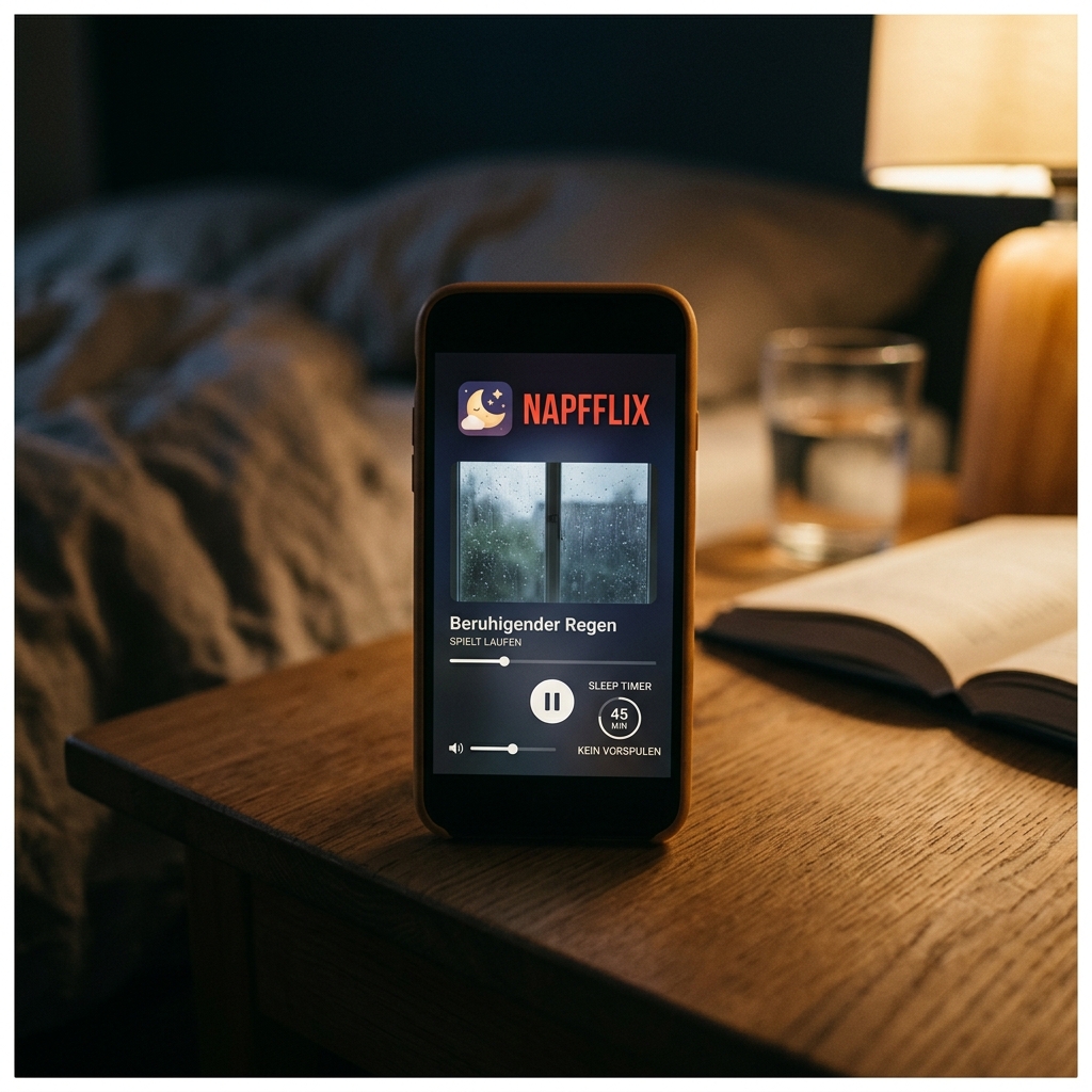 Smartphone neben Glas Wasser und Buch auf Nachttisch