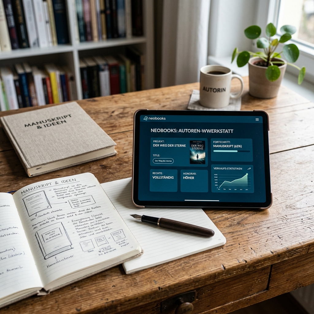 Tablet zeigt Neobooks Autorenwerkstatt mit Manuskript und Ideen auf einem Tisch