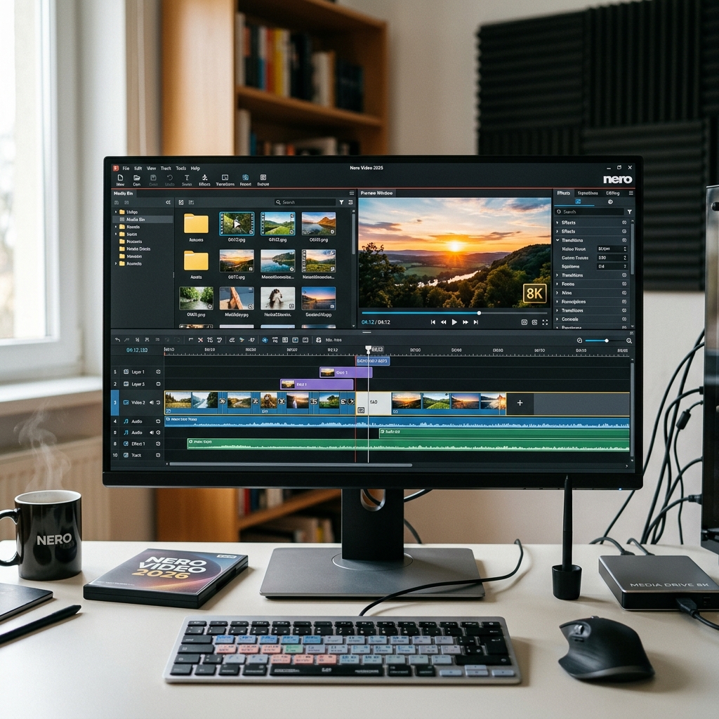 Computermonitor mit Video-Editing-Software und Tastatur auf einem Schreibtisch