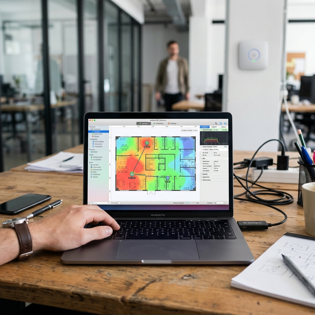 Laptop mit einem WLAN-Plan, die Büroumgebung im Hintergrund.
