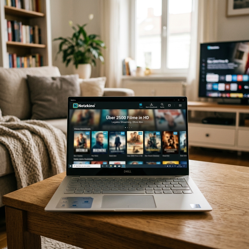 Laptop mit Streaming-Dienst und Fernseher im Hintergrund