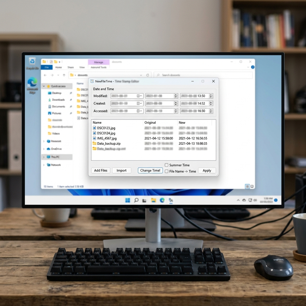 Bildschirm zeigt Dateimanager mit Zeitstempel-Editor und Ordneransicht