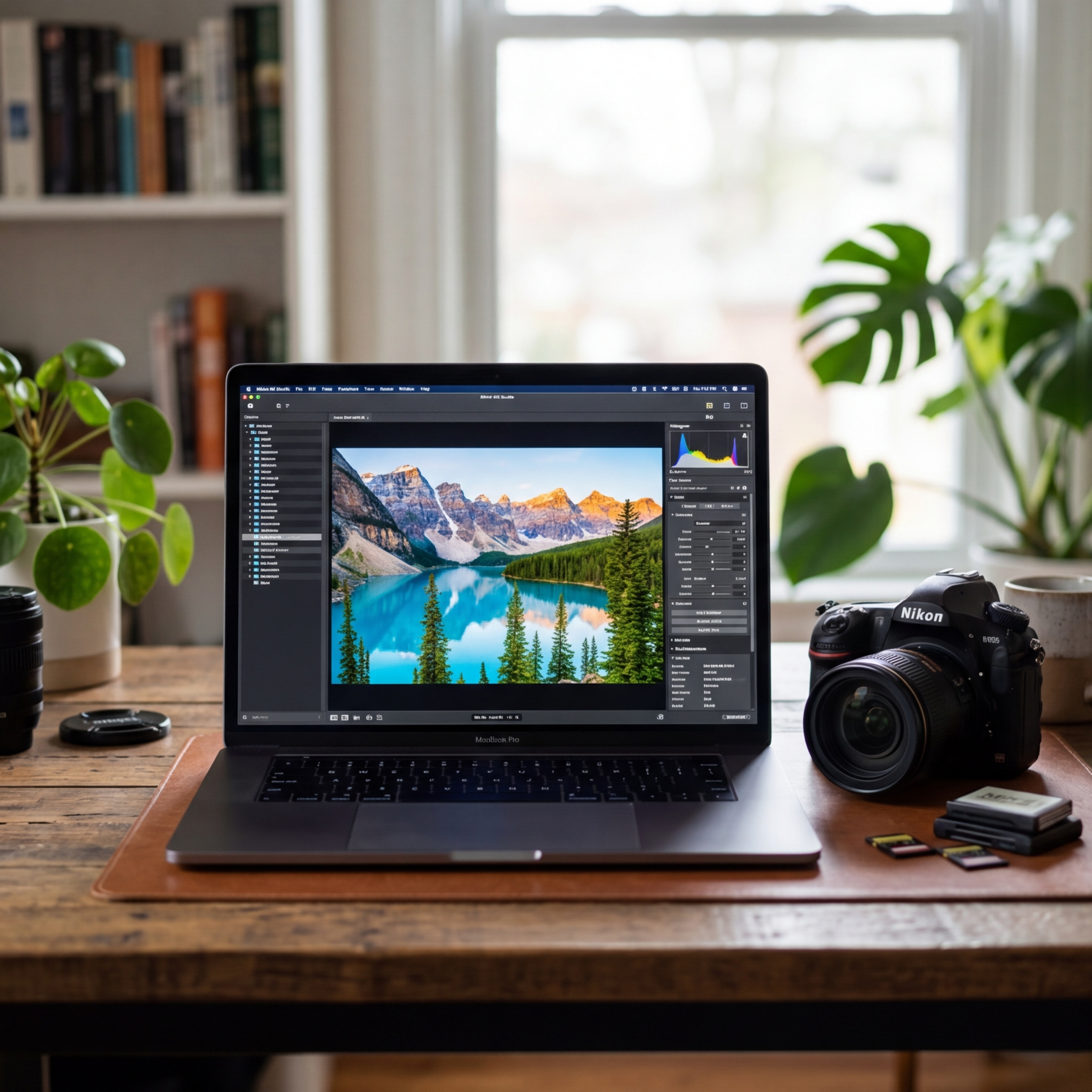 Laptop mit Fotobearbeitungssoftware und Kamera auf einem Tisch